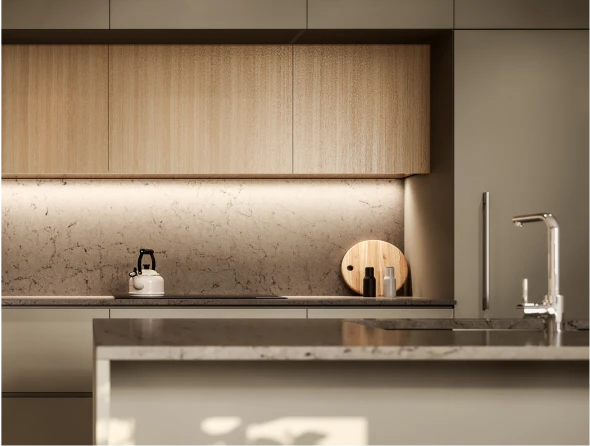 Full height quartz backsplash and counters